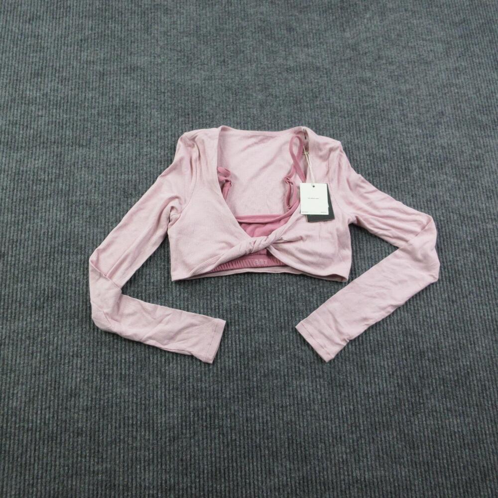 SET Shirt Womens XS Pink Cropped Long Sleeve Built-In Bra Lined Active NWT